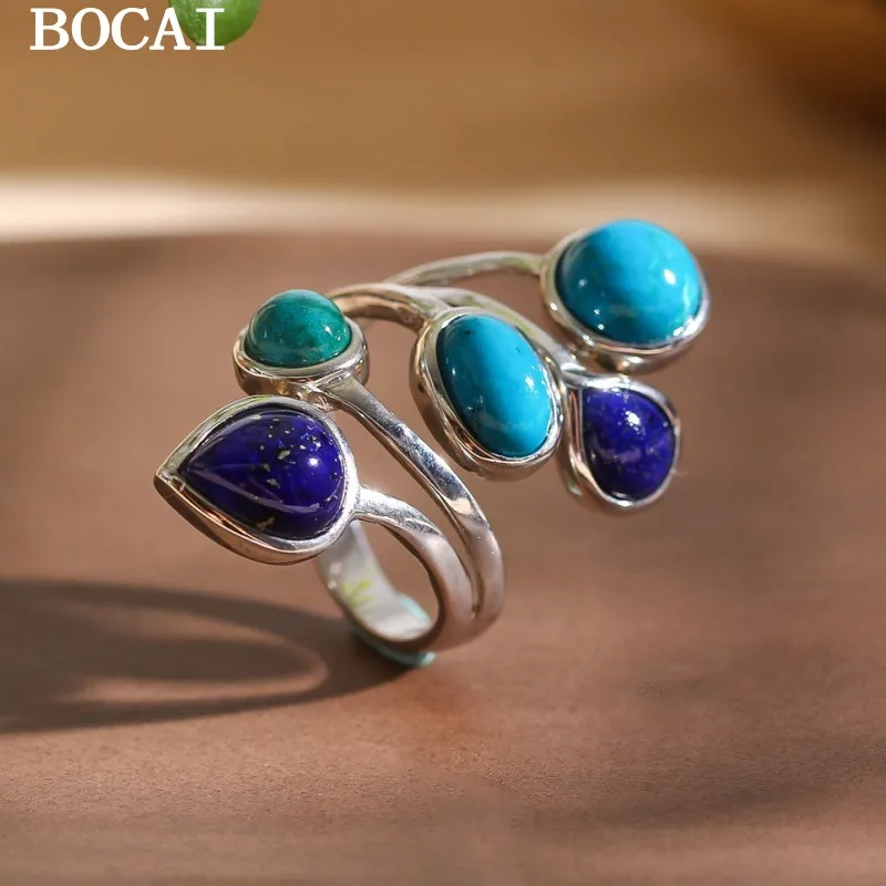 

BOCAI New S925 Silver Jewelry Fashion Elegant Lady Phoenix Stone Collocation Lapis Ring