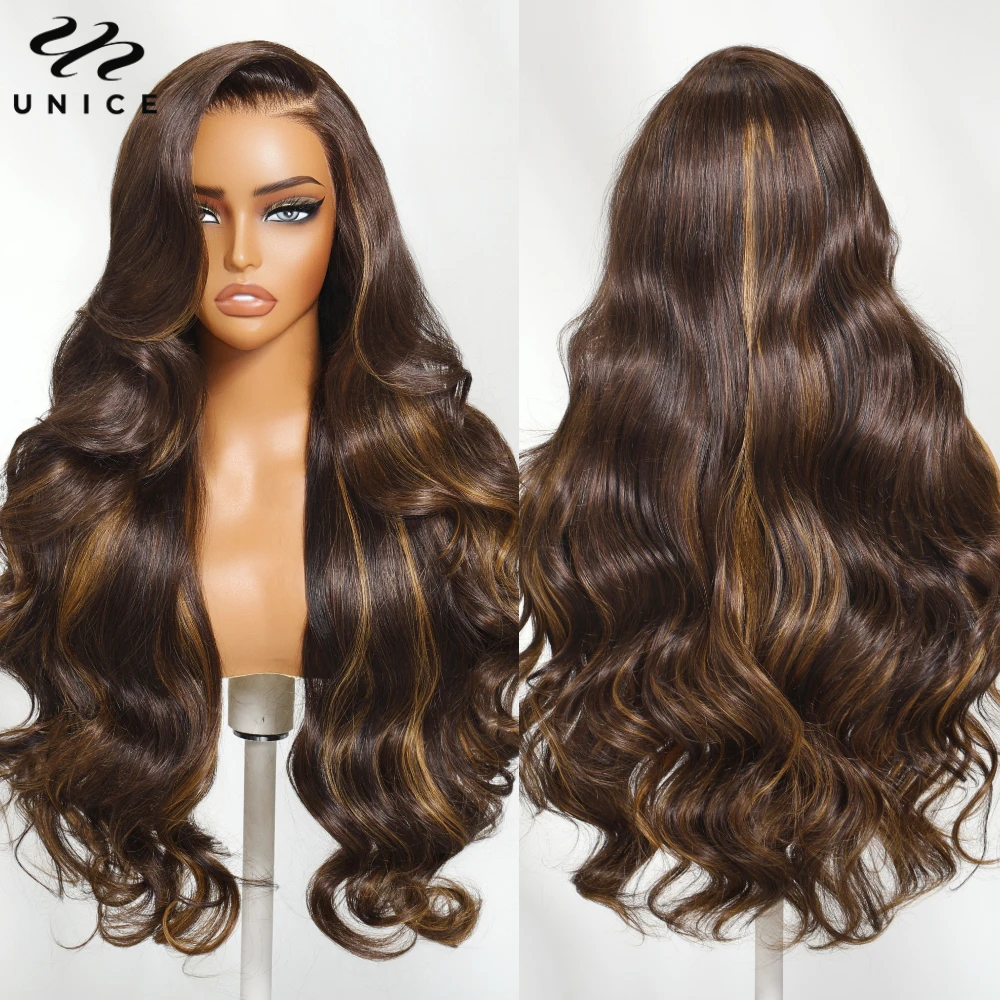 UNICE Hair Espresso Brown Highlights Loose Wave Wig Pre Everything 13x4 Human Hair Lace Frontal Wigs Peel & Stick 150% Density