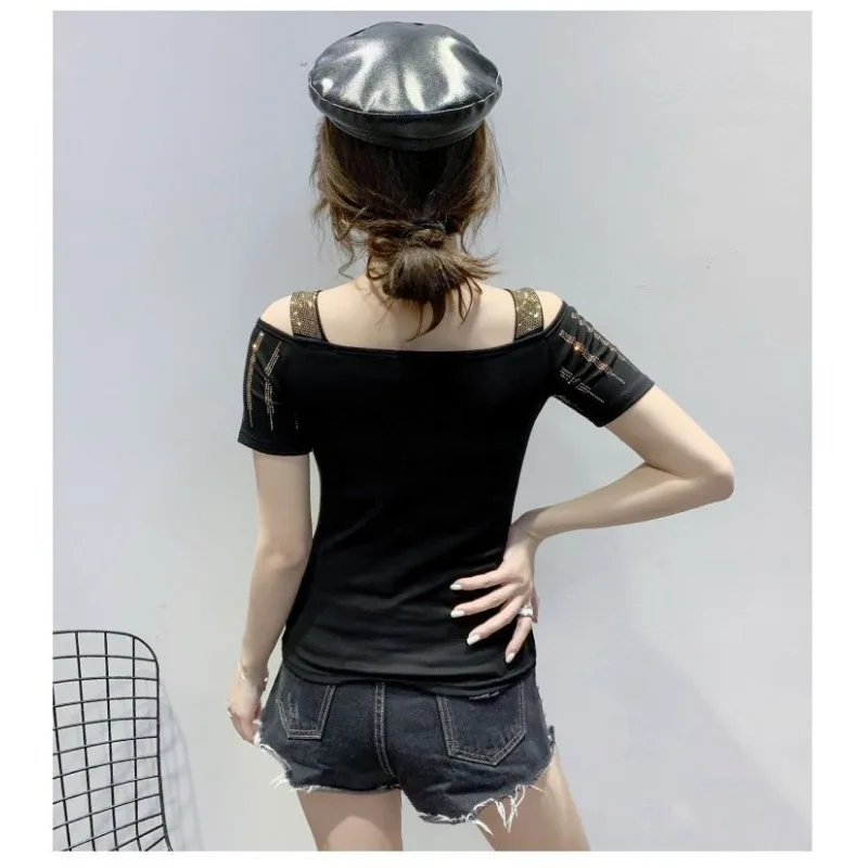 Primavera verão nova manga curta quente diamante camiseta fora do ombro sexy emagrecimento camisa de fundo topos para mulher