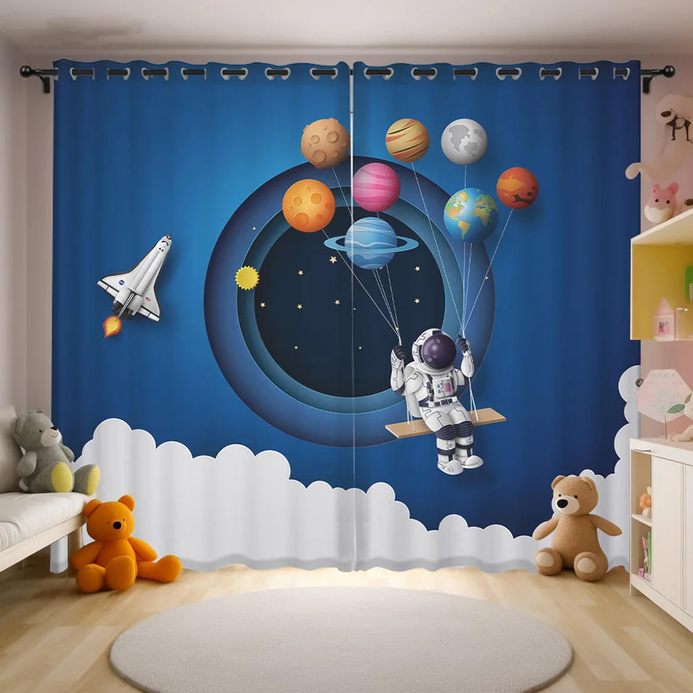 Astronaut cartoon theme curtains small rocket colored balloons, a set of two, children's bedroom curtains