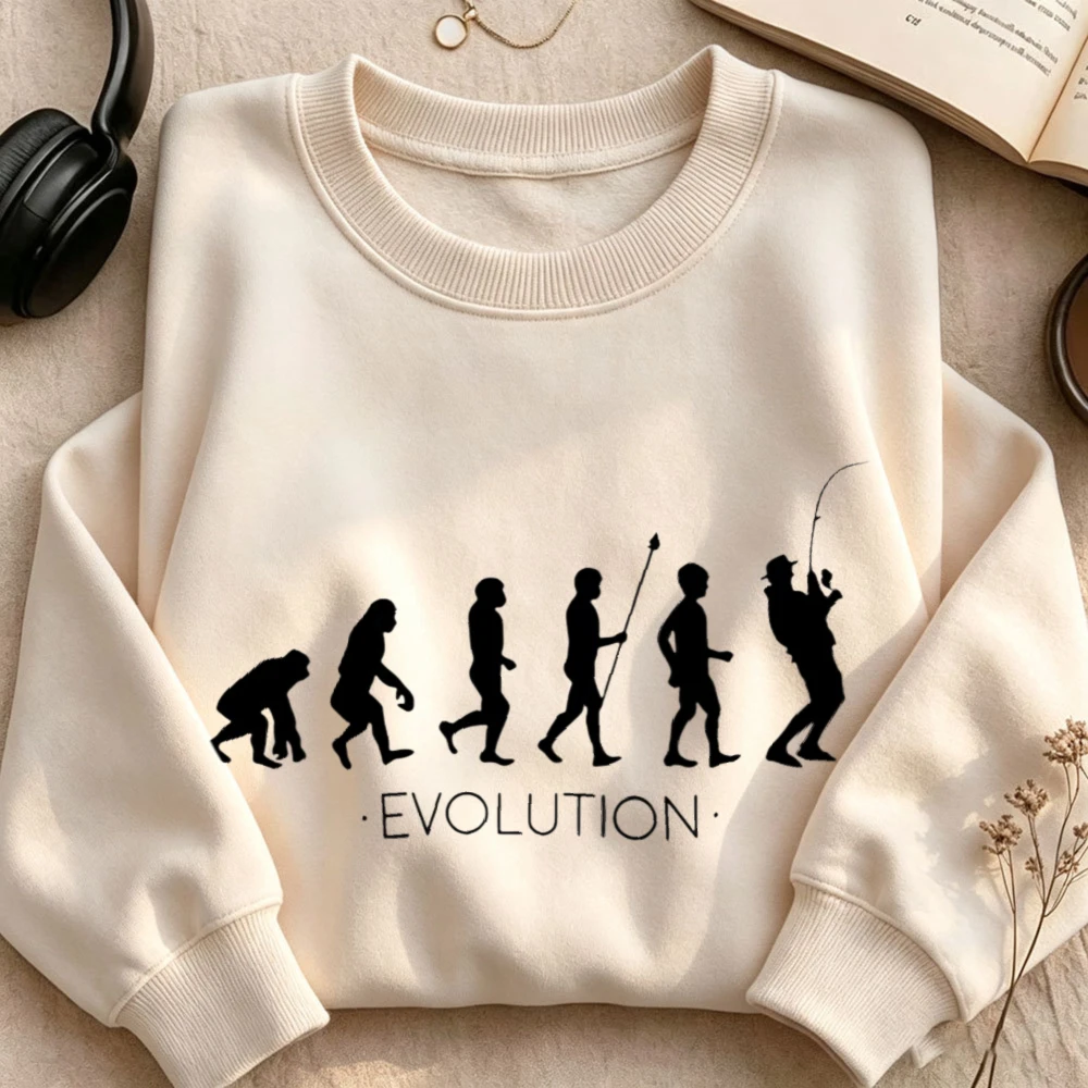 Human Evolution To Fisherman Silhouette Crewneck Sweatshirt Evolution Angler Pattern Unisex Casual Outdoor Fishing Sweatshirt