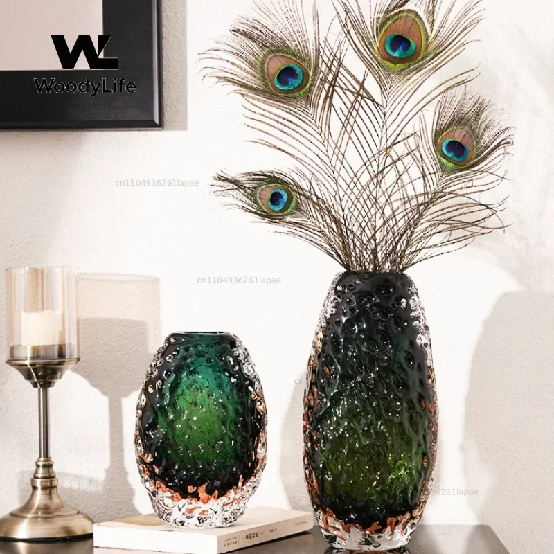 Minimalist Emerald Thick Art Glass Vase Decorative Ornament for Entrance Living Room Dining Table Craft Household Goods