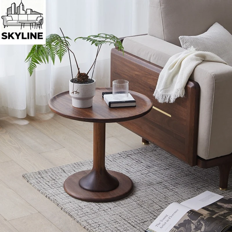 Natural Walnut Round Side Coffee Table, Compact Solid Wood Corner Desk for Small Apartment Living Room