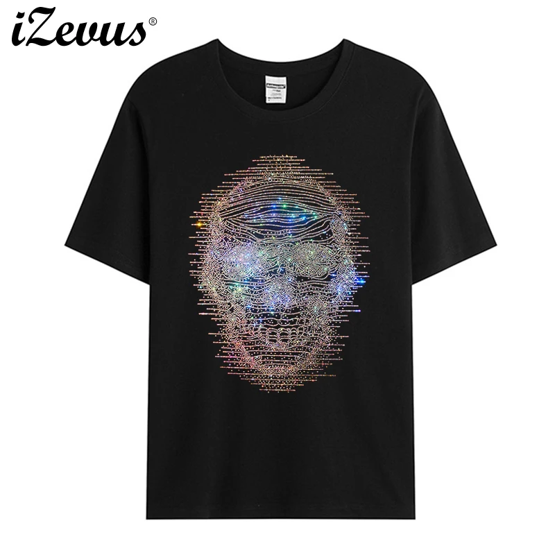 Shiny new precision skull fashion large patch drill T-shirt men's summer short-sleeved casual T-shirt good quality fabrics