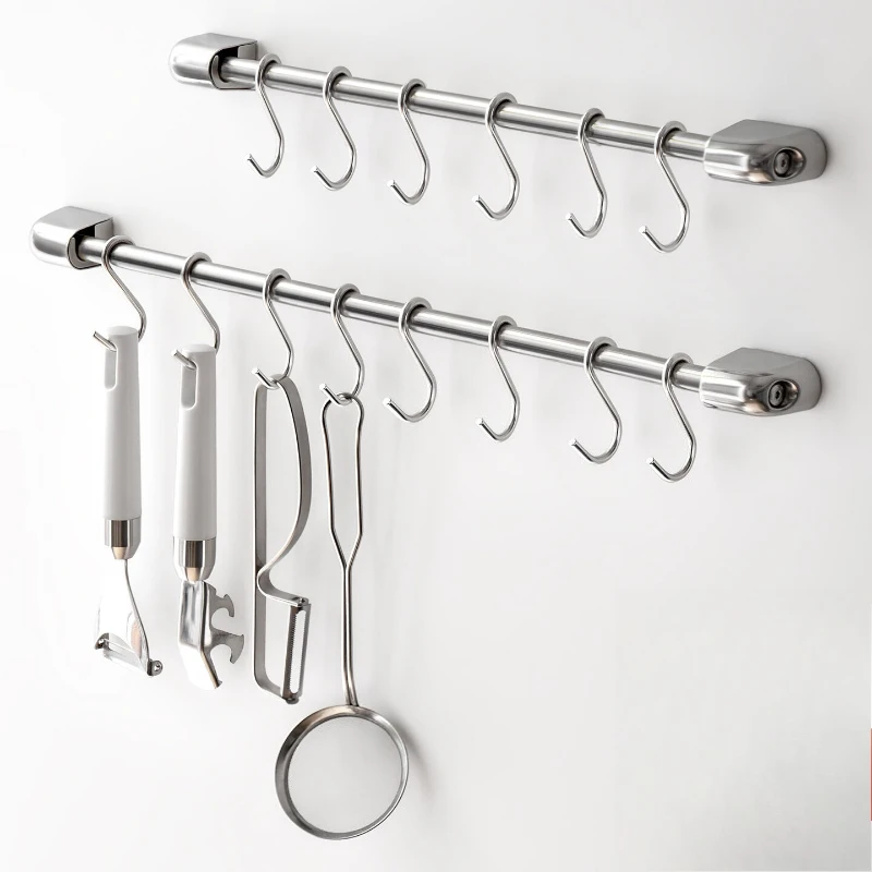 304Stainless Steel Kitchen Hook Rack Adjustable Spacing Utensil Hanger Rustproof Shovel Storage Bar Flexible Household Organizer