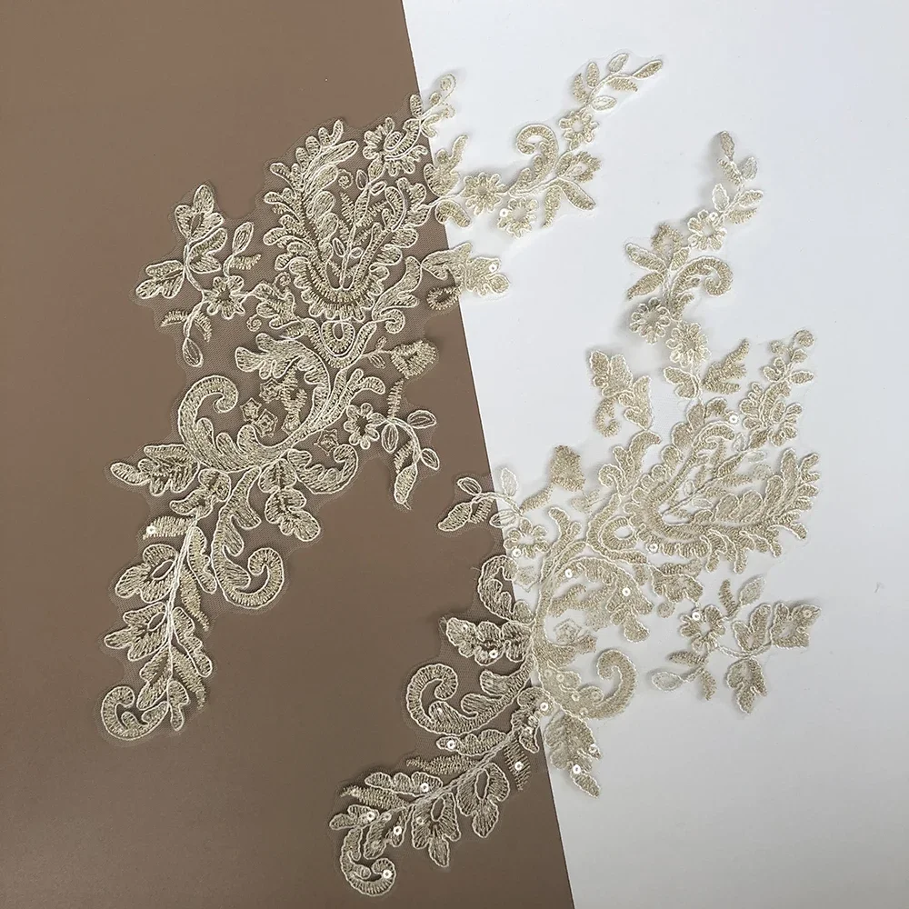 1Pairs Champagne Gold Clear Sequins Floral Motif Venise Venice Guipure Cording Lace Trims Applique Fabric For Wedding Dress