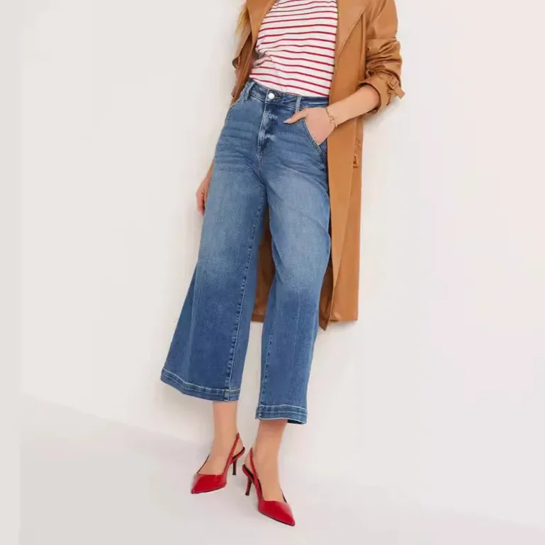 Jeans Wide Leg Pants Women Distressed High Waist Washed  Streetwear Vintage Basics Ankle Length Trousers Straight Denims