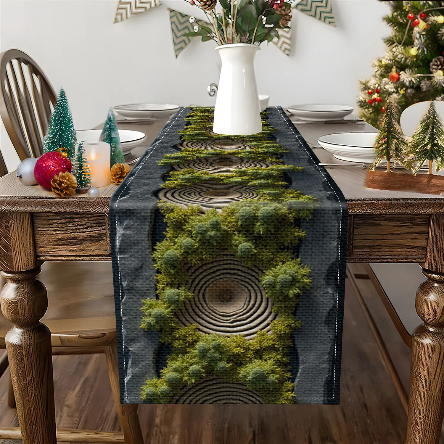 1 Piece of Forest Tree Pattern Themed Table Runner, Featuring Tree Stump and Moss Designs, Suitable for Natural-Style Restaurants, Home Decor, and Camping Scenes.