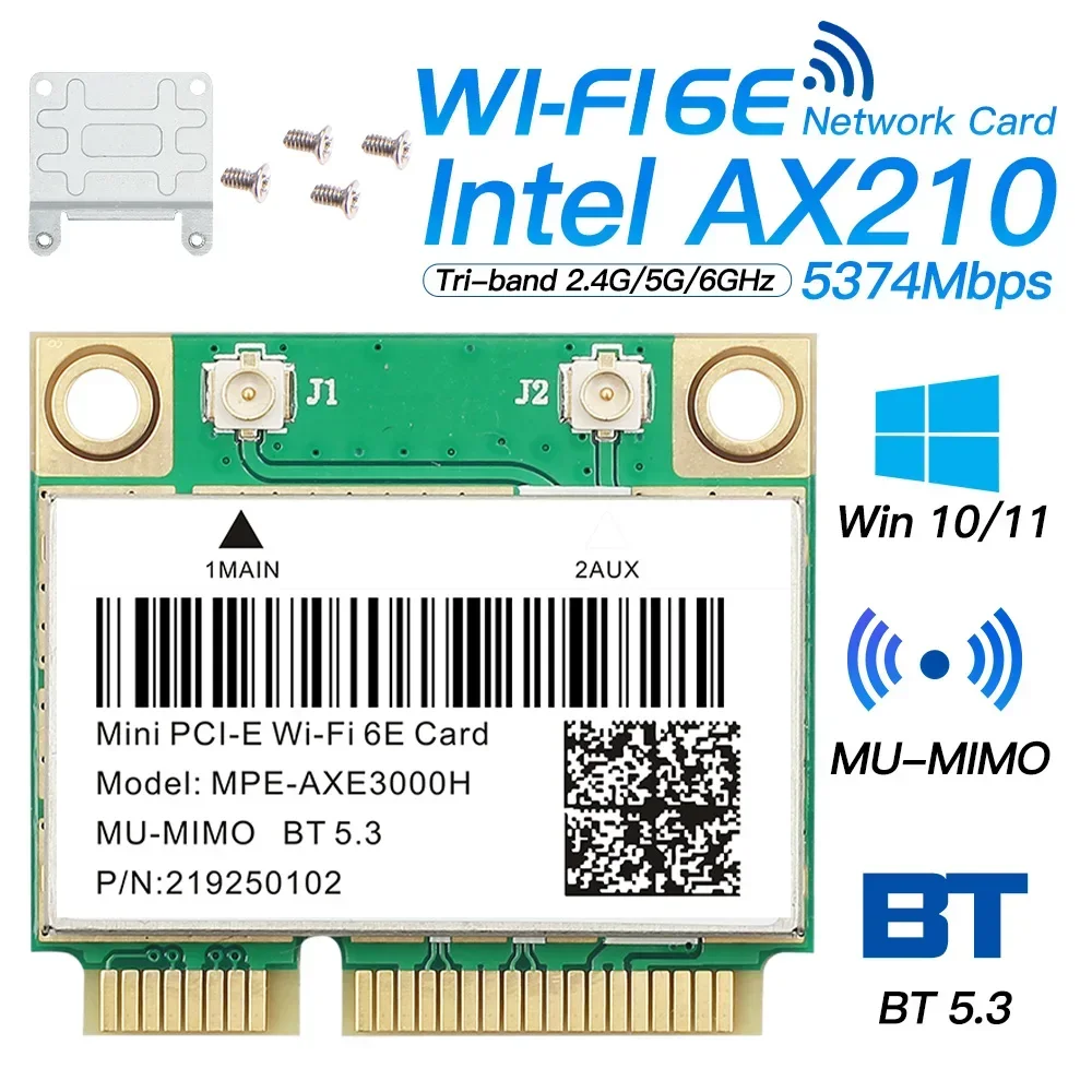 LeicBand 5374Mbps WiFi 6E AX210 Mpe-AXE3000H/ AC7 disparaît Carte Sans Fil BT 5.3 Pour Mini PCIE Wi-Fi Adaptateur Win10 Pour Bureau/Ordinateur