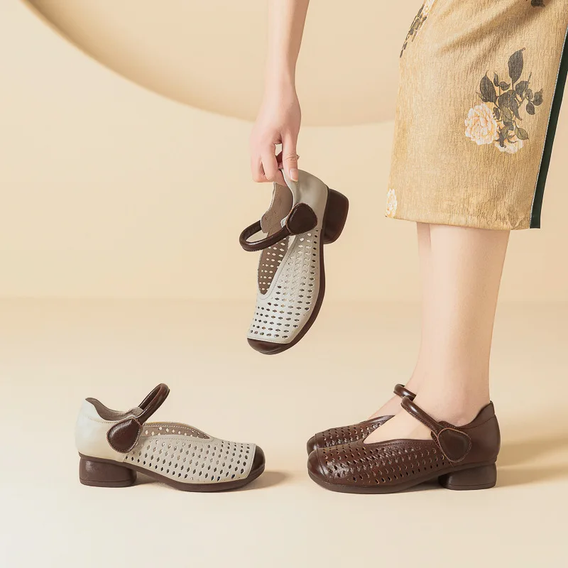 

GKTINOO 2026 Summer Genuine Leather Hollow Shoes Woman Sandals Casual Mother High Heels Soft Sole Comfort Sandals Non-slip