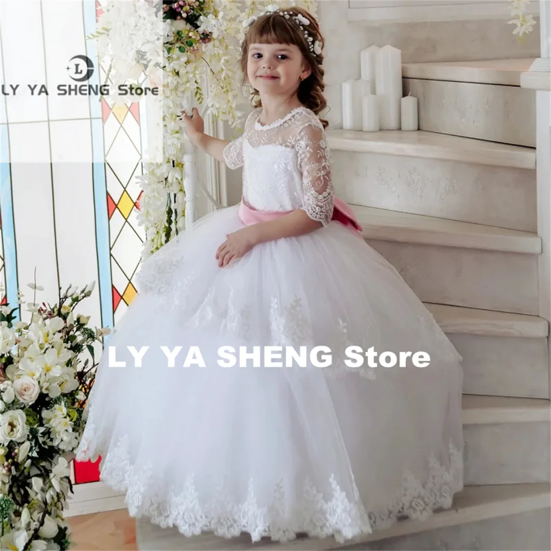 White Flower Girl Dresses Tulle Lace Appliques With Pink Bow Half Sleeve For Wedding Birthday Party First Communion Gowns