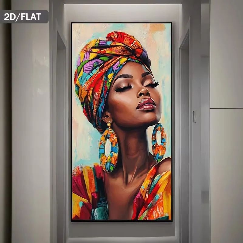 2D Flat, 2D Flat, Modern Abstract Canvas Painting Featuring an African Woman, Measuring 27.56 by 55.12 Inches (70 by 140 Cm), Pe