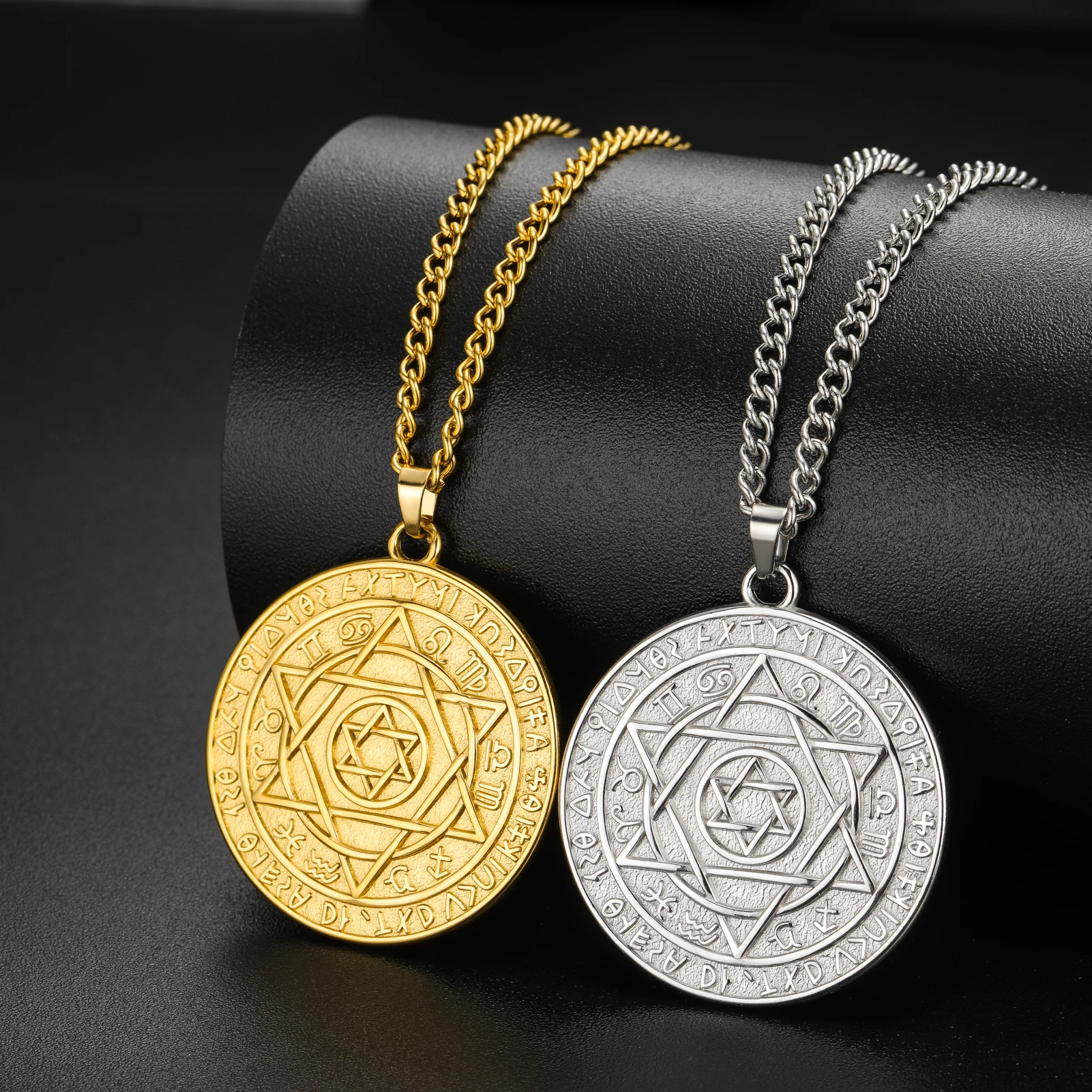Seal of Solomon Talisman Necklace Hexagram Star Coin Pendant Zodiac Rune Amulet Stainless Steel Necklace Protection Jewelry Gif