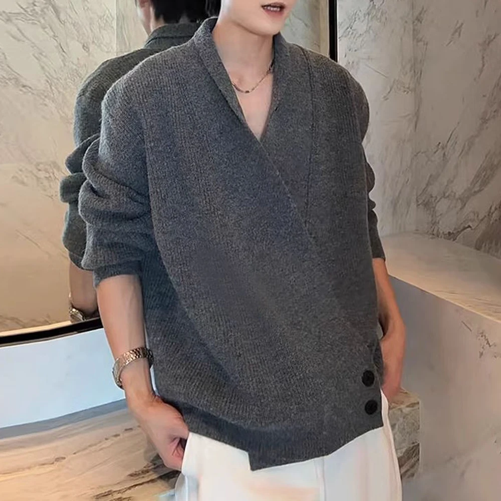 Mens Solid Color V-Neck Knitted Cardigan Jacket Men'S Autumn And Winter Street Trend Y2k Sweater Lazy Style High-End Sweater