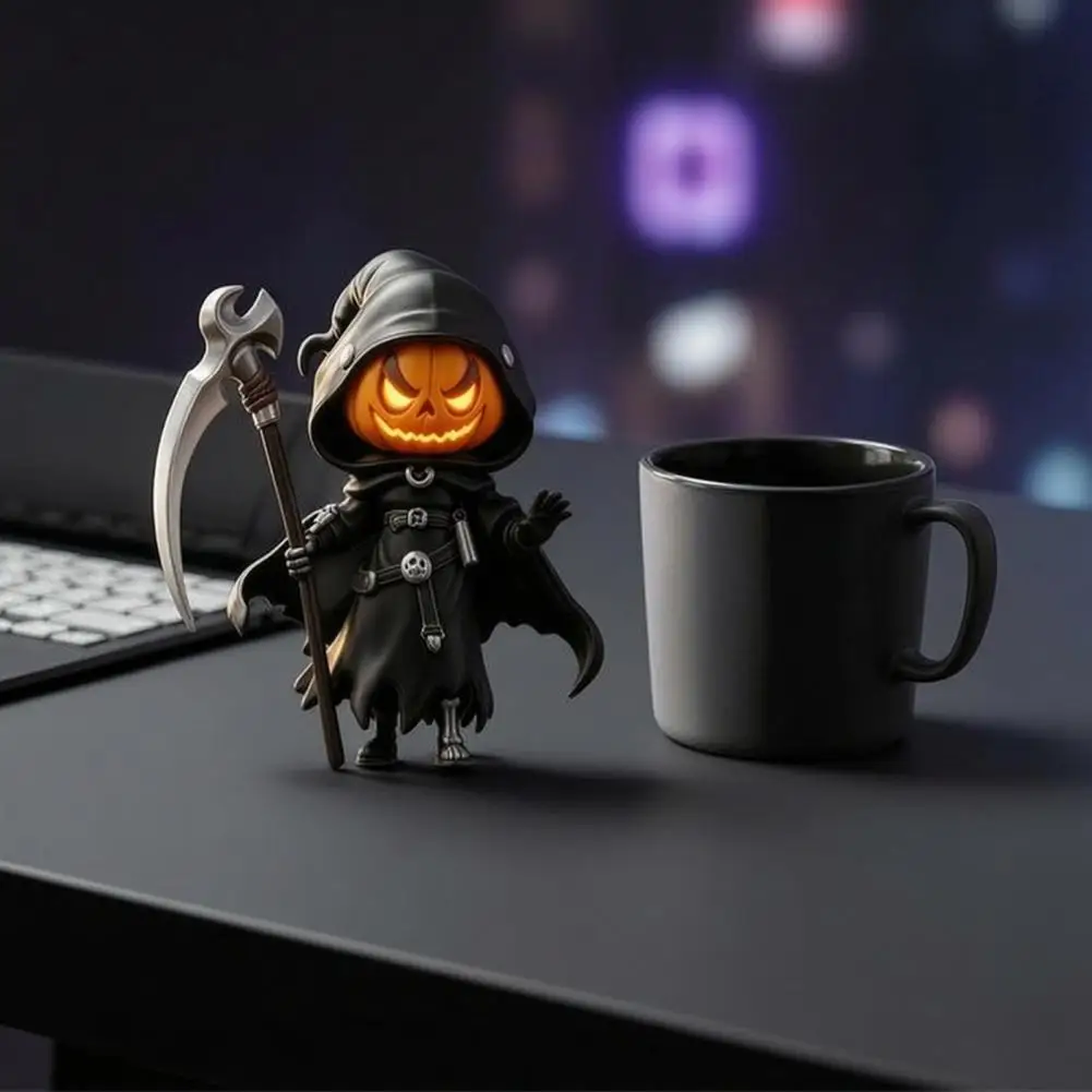 Spooky Pumpkin Collectibles Halloween Pumpkin Reaper Statue Resin Hooded Pumpkin Ornament Black Robe Figurine with for Home