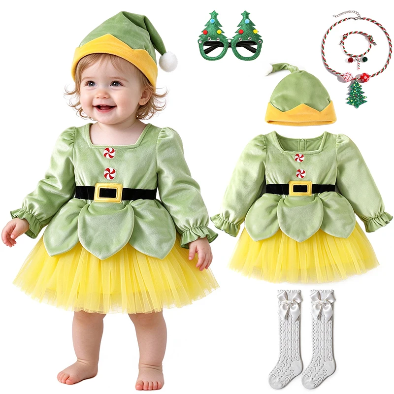 Baby Girls Christmas Elf Costume Set Infant Toddler Green Velvet Elf Dress Xmas Party Halloween Carnival Birthday Party Clothes
