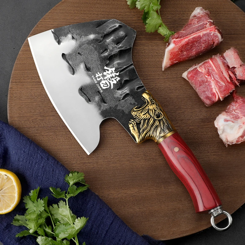 XTL Stainless steel bone chopping specialized knife, forging bone breaking knife, high hardness knife,lion pattern carving