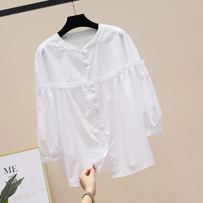 New Summer Cotton Versatile Shirt Women Stand Collar Tops Girl Short Sleeve Printed Literature Blouse Nine Inch Sleeve Top A85