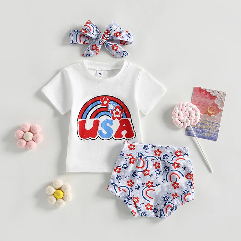 Cute Baby Outfit Set with Floral Rainbow Design Soft Cotton T-Shirt Shorts and Matching Headband - 3 Piece Ensemble for