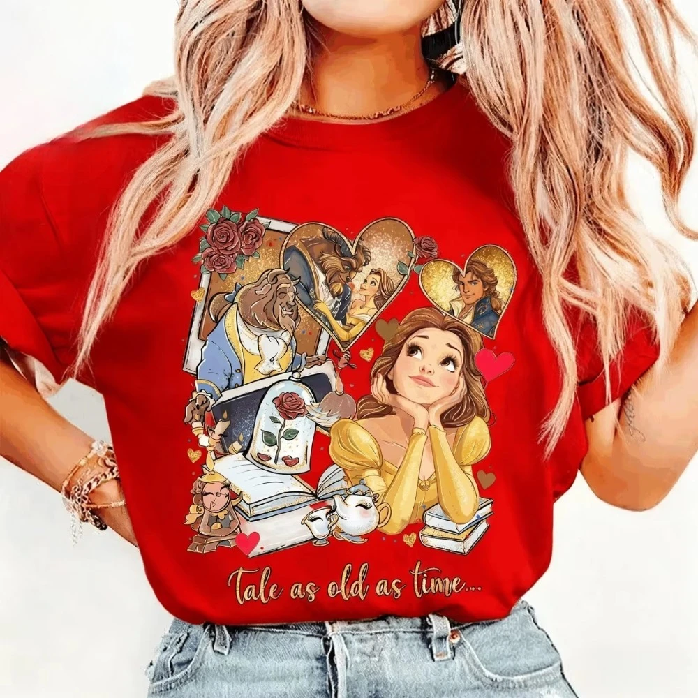 تي شيرت Beauty and The Beast Disney Princess مطبوع صيفي من القطن الناعم فضفاض ومريح وناعم كاجوال للجنسين بأكمام قصيرة