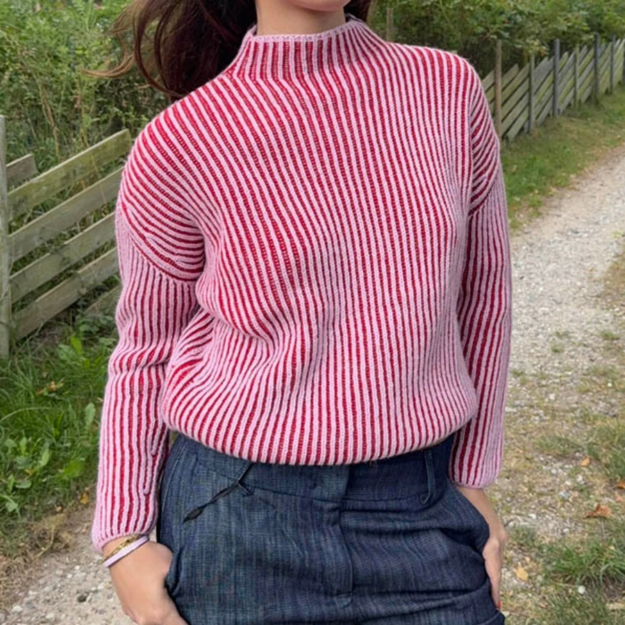 

Винтажный женский вязаный свитер с воротником-стойкой, водолазка с длинными рукавами, пуловер, теплый полосатый свитер на осень-зиму