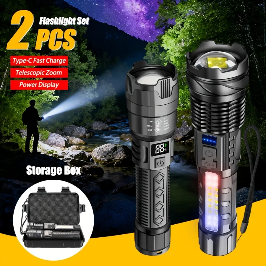High Power 2000LM LED Flashlight Built-in Battery USB Rechargeable Strong Light Tactical Torch Outdoor Camping Hiking Lantern