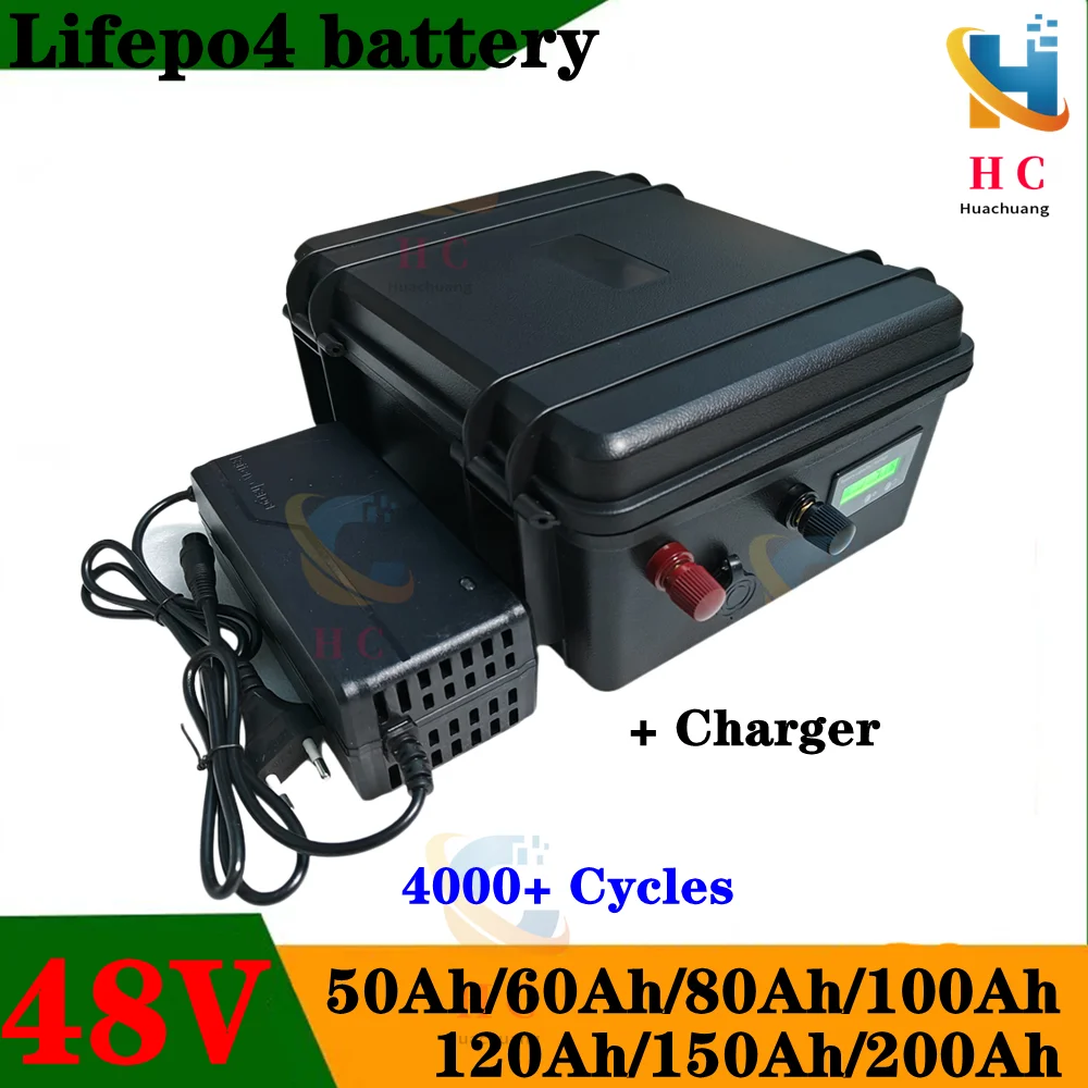 Waterproof 48V 50Ah 60Ah 80Ah 100Ah 120Ah 150Ah 200Ah Lifepo4 battery for boat gem car boat solar system Trolling Motor +Charger