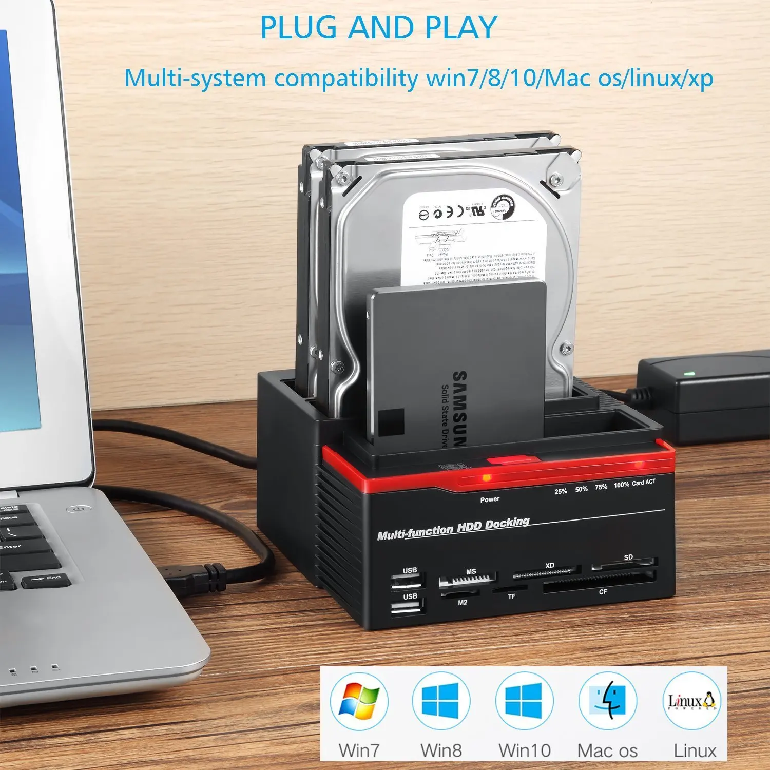 USB 3.0External HDD Docking Station 2.5' 3.5' SATA IDE Port Hard Drive Disk Card Reader USB3.0 Hub OTB/OTC Support Data Transfer