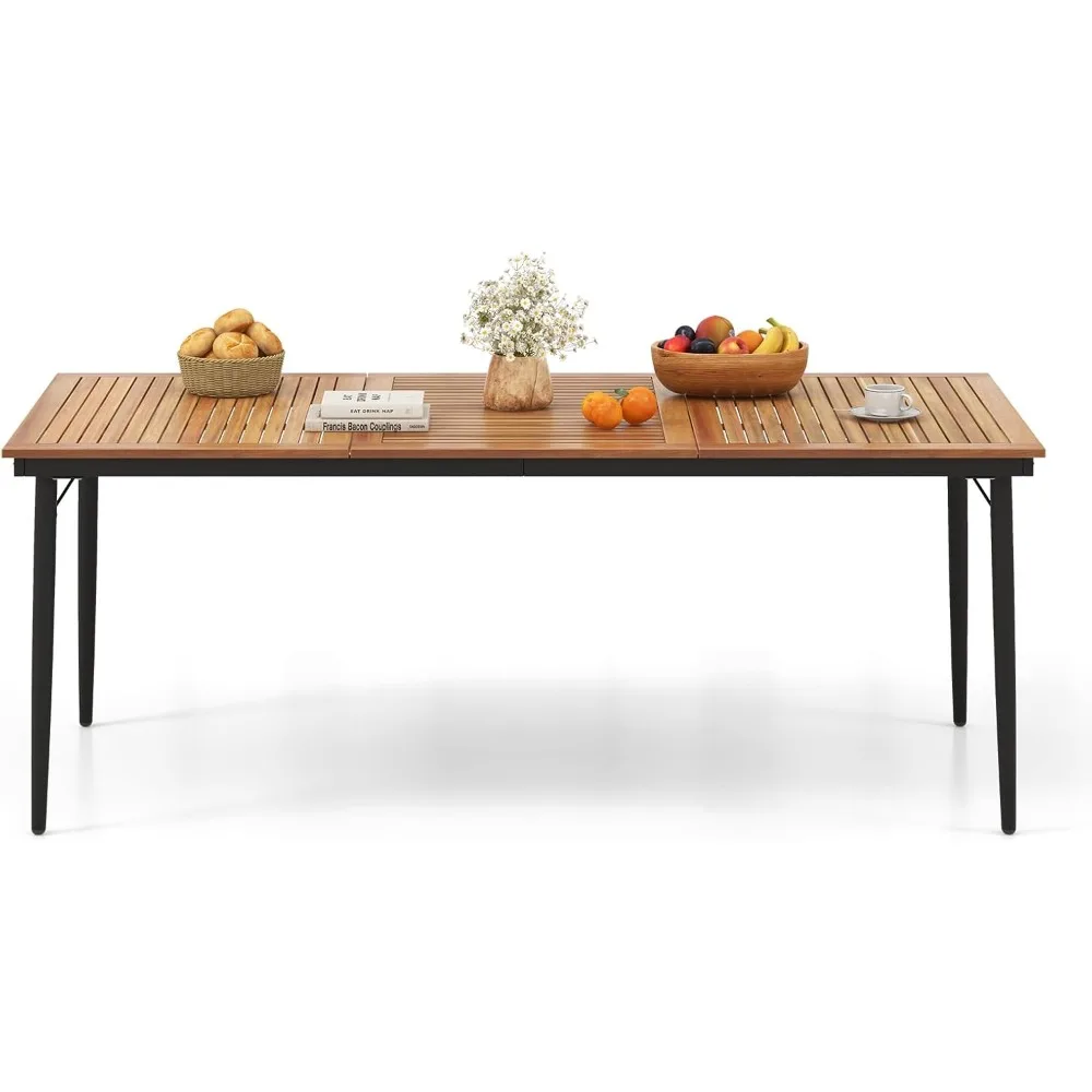 طاولة طعام خارجية لـ 8، طاولة فناء من خشب السنط مقاس 79 بوصة مع فتحة مظلة مقاس 1.9 بوصة وإطار معدني ومنصات قدم مضادة للانزلاق، داخلية