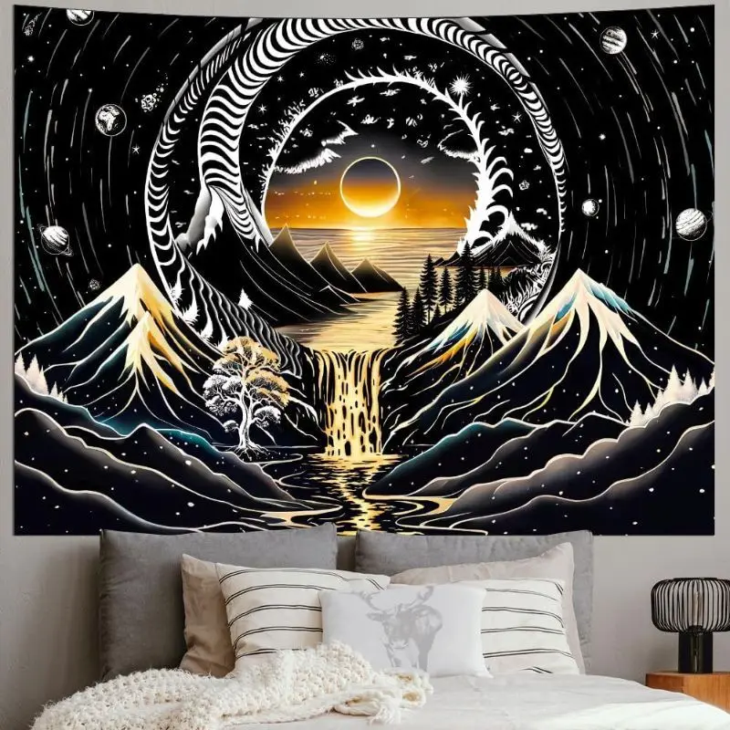 VIKAMA Japanese Retro Mountain Sea Tapestry, Waterfall Starry Sky Landscape Wall Hanging, Aesthetic Bedroom Home Decor