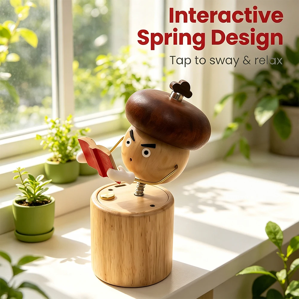 Wooden Mushroom Reading Figurine Desk Decor, Spring Shake Head Wooden Ornament,Desktop Interactive Display for Office Study Room