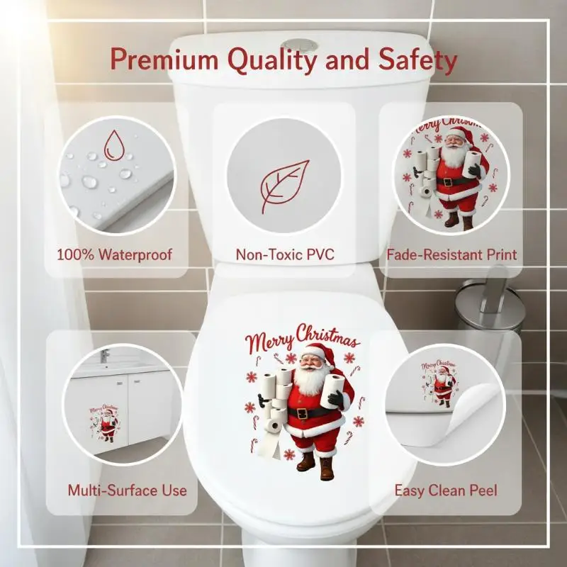 Funny Santa Toilet Lid Sticker Waterproof Self-Adhesive Removable Decal for Bathroom Xmas Party Decoration