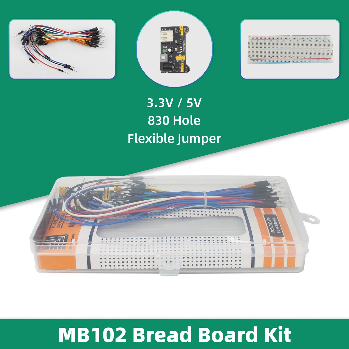 MB102 Breadboard Kit Contains Power Module + 830 Points Solderless Prototyping Breadboard + 65 Pcs Jumper Wires for Arduino