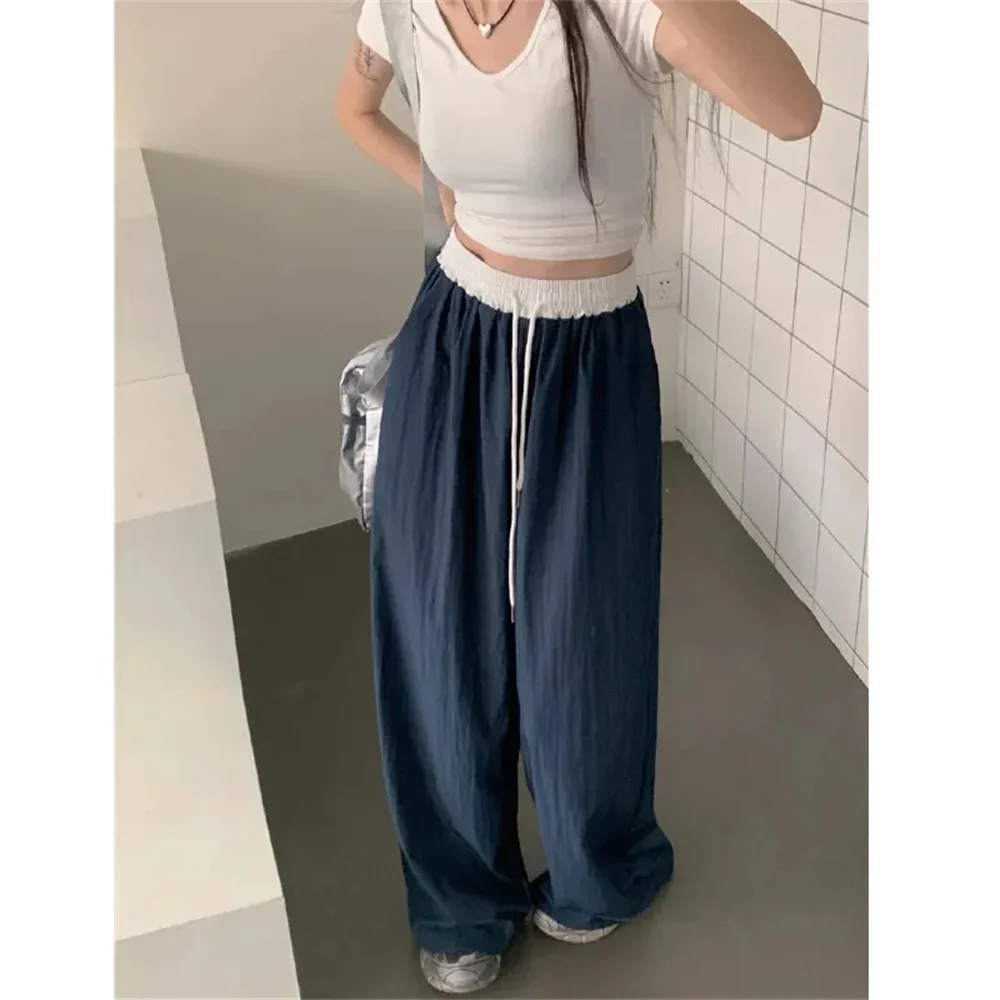 Y2k Casual Baggy Pants Women Patchwork Elastic Waist Wide Leg All Season Texture Drape Straight Hop Pants Loose Street Trousers