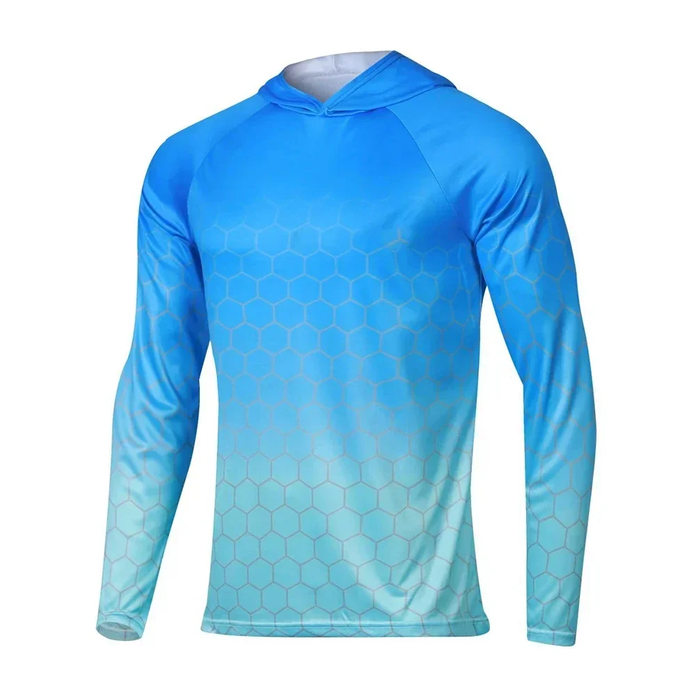 FEIYUE Men's Sun Protection Hooded Blue T-shirts UPF 50+ Long Sleeve Quick Dry Breathable Hiking Go Fishing shirts UV-Proof TOPS