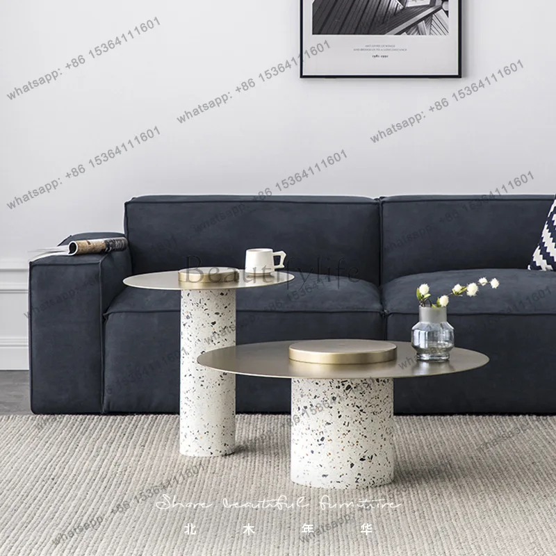 Simple round coffee table tall and short combination terrazzo metal art creative designer