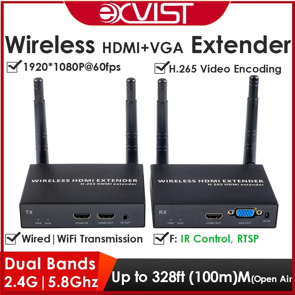 EXVIST H.265 1080P 60FPS VGA Wireless HDMI Extender Kit 1TX + 1RX 328FT/100M Long-Range WiFi HDMI Transmitter and Receiver