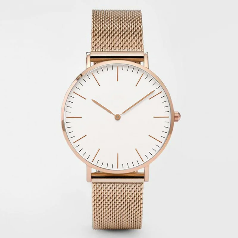 Reloj de cuarzo de dos pines para hombre y mujer, pulsera de aleación de acero, correa de malla, moda coreana, Comercio Exterior, escala Simple, borde