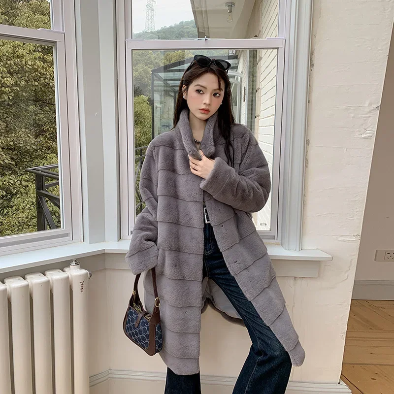 White Horizontal Striped Imitation Mink Fluffy Jacket for Women Luxury Clothing Eco Fur Coat Winter Faux Fur Coat Long 2023