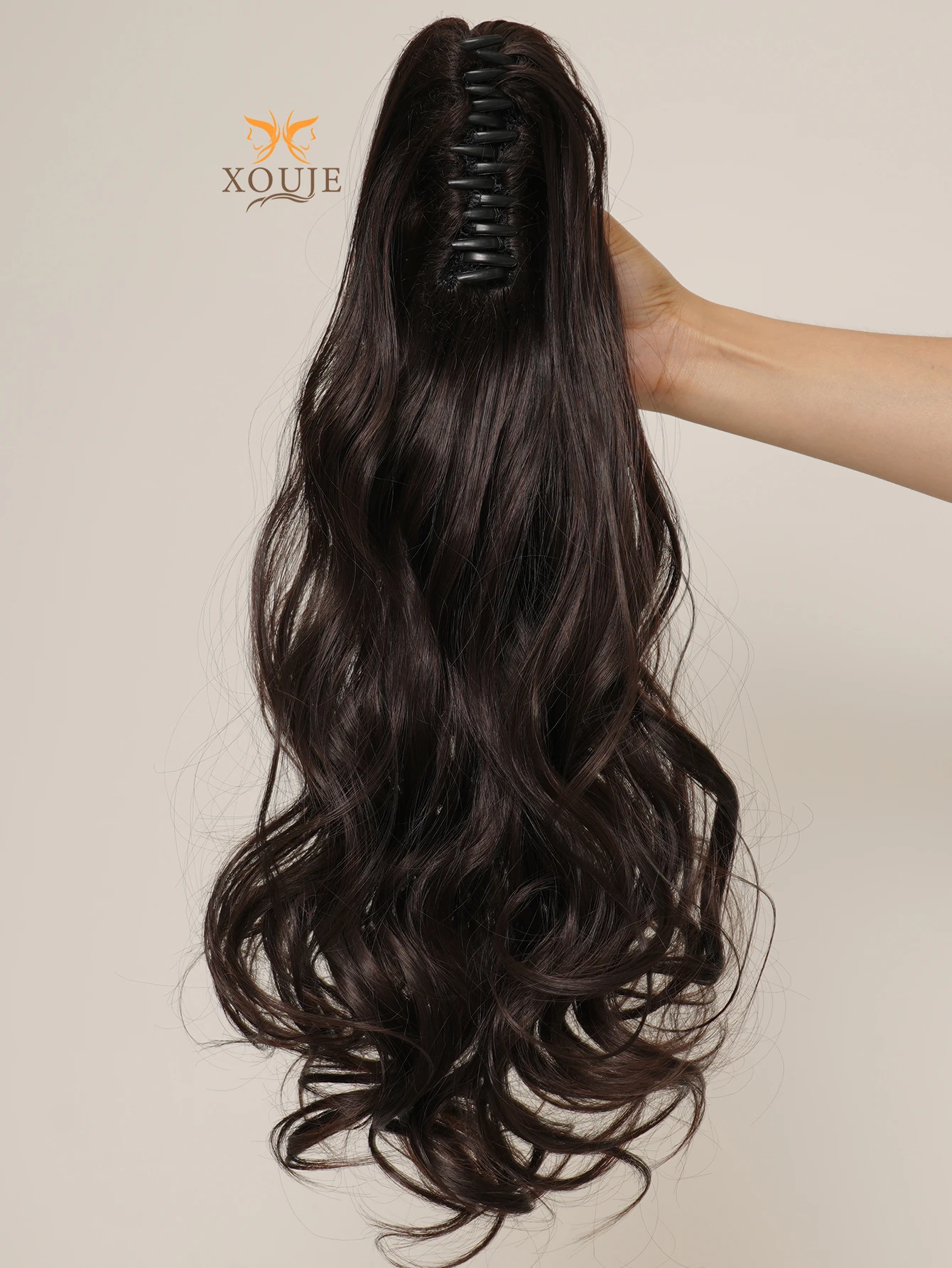 Long curly brown hair clip-on ponytail, synthetic ponytail extension wig