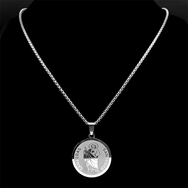 SAINT JUDAS Medal Pendant Necklace for Women Men Stainless Steel Silver Color Catholicism San Juda Chain Jewelry