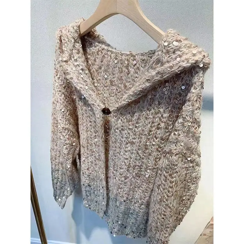 Autumn Winter Maillard Sequined Cardigan Jacket Loose Hooded Knitted Sweater Coat Women\'s Winter Thick Warmer Sweater