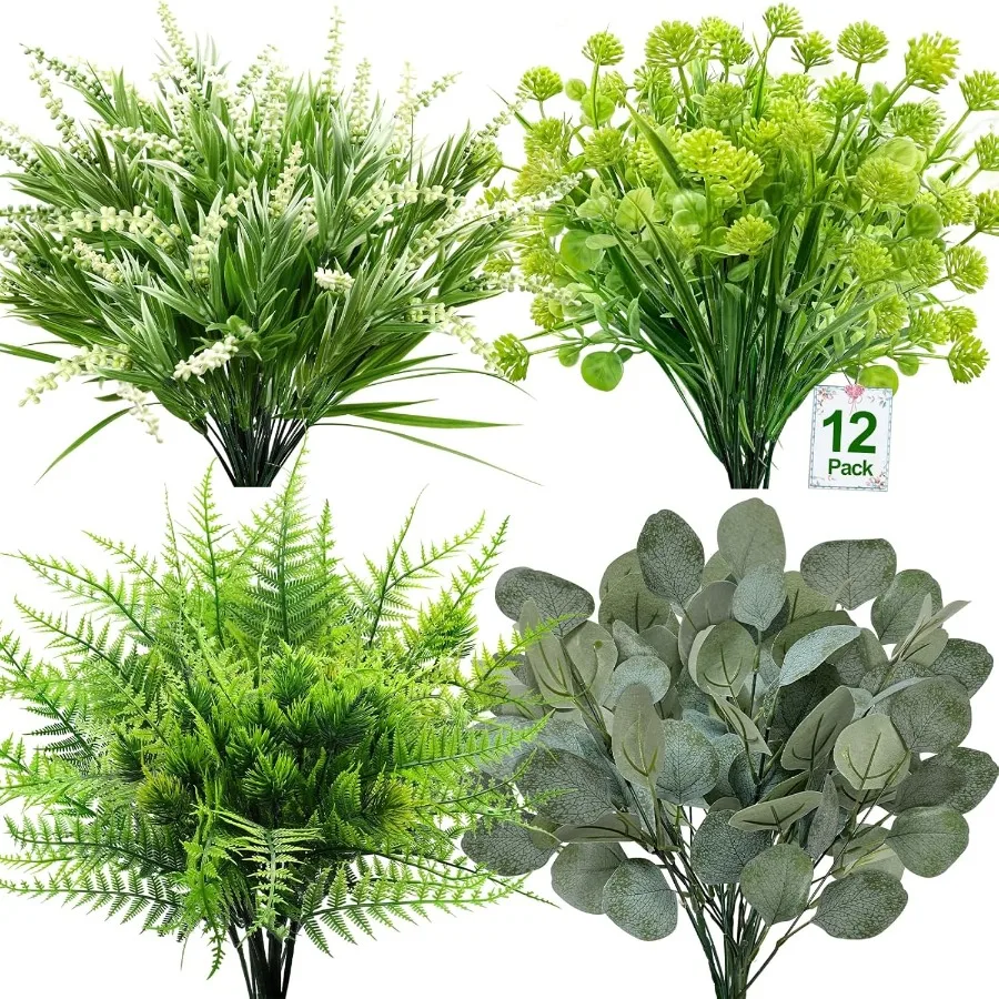 

12 Bundles Artificial Plants Outdoor UV Resistant Faux Plant Boston Fern Lavender Eucalyptus Greenery Shrubs Plastic Fake Flowe