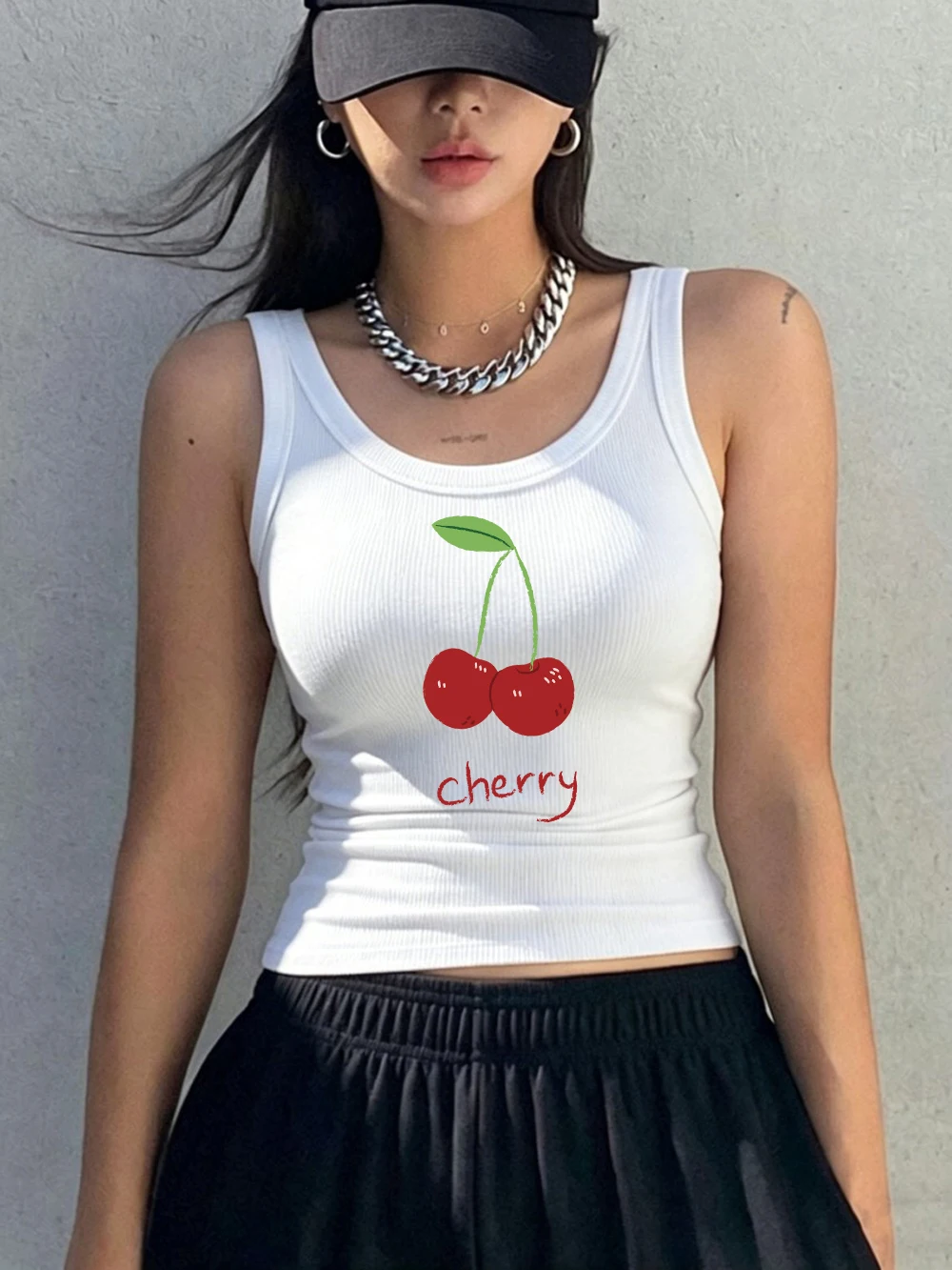 Red Cherry Printed Singlet Summer Y2K Womens Ribbed Knit Vest Korean O-Neck Soft Cotton Tank Tops Sporty Slim Woman Sleeveless