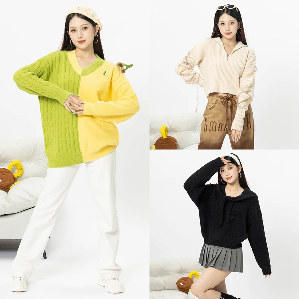 Korean Style Autumn Winter Women Girl Pullover Short Sweater Sweet Spliced Contrast Color Solid New Simple Casual Fashion Design