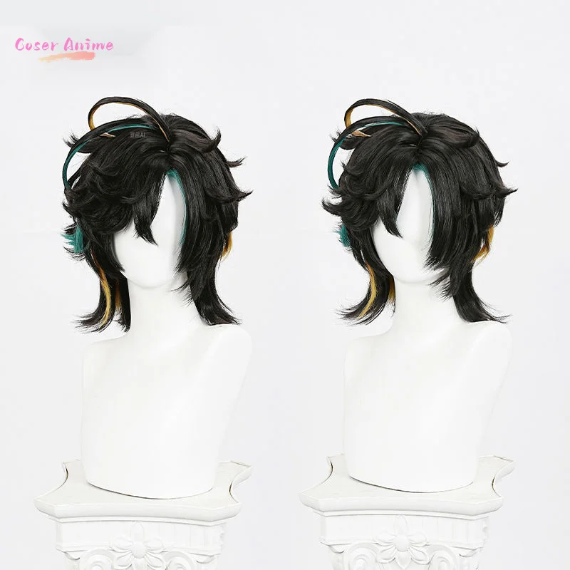 Jogo genshin impacto kinich turnfire caça peruca cosplay masculino azul escuro curto penteado cabelo resistente ao calor perucas sintéticas boné prop