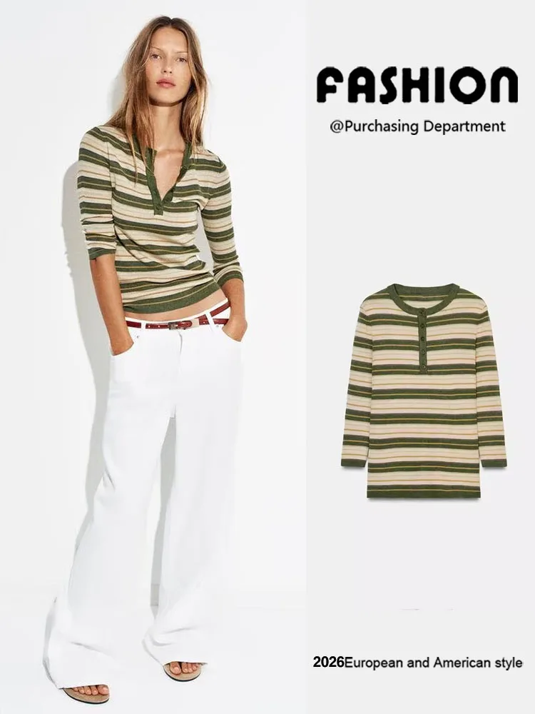 

Spring New Arrival Women's Knitted Stripe round Ne Slim Fit Faionable Personali Long Sve Crew Ne Sweater