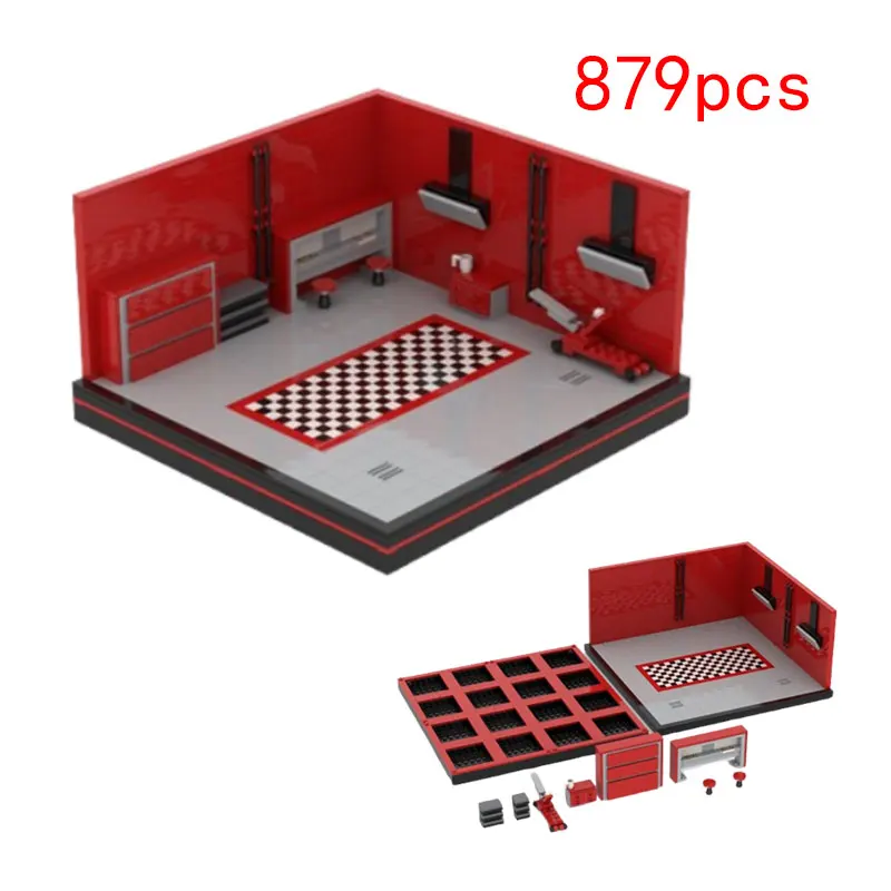 

MOC-111581 879 шт., сборка мелких частиц, строительные блоки, восьмисеточная автомобильная будка, ремонтная комната, спортивный автомобиль, игрушечная модель