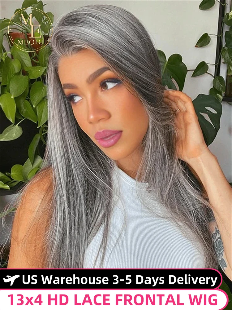 MEODI Salt & Pepper Gray Beginner Friendly 13x4 Lace Front Wigs For Women Glueless Lace Frontal Straight Wig 100% Human Hair