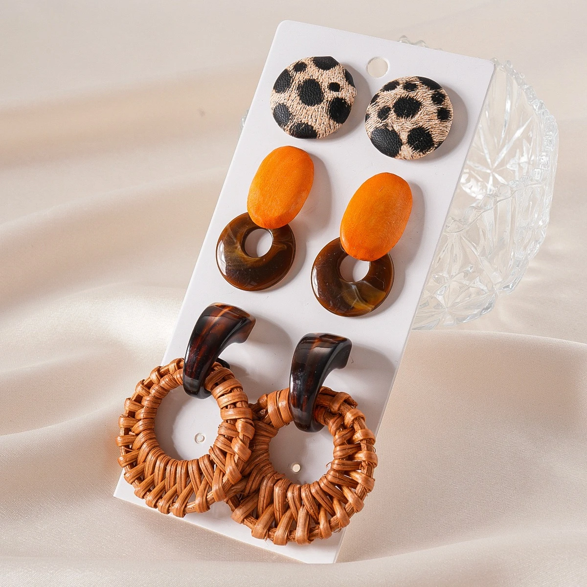 6/10 Pcs Geometric Resin Dangle Earrings Sets Retro Round Leather Leopard Print Earring Rattan Woven Pendant Earrinngs Party K